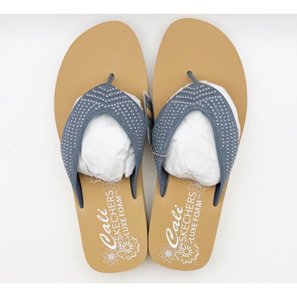 Skechers Women's Summers Mid Wedge Thong Sandals Size 8 EU 38 Slate Blue Tan NIB - Picture 10 of 12